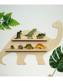 Półka drewniana w świecie dinozaurów