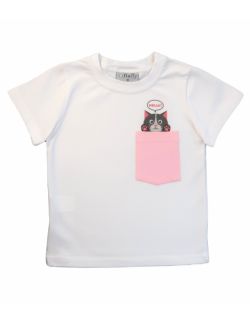 Biała koszulka dla dziewczynki, z różową kieszonką: Cat in pocket