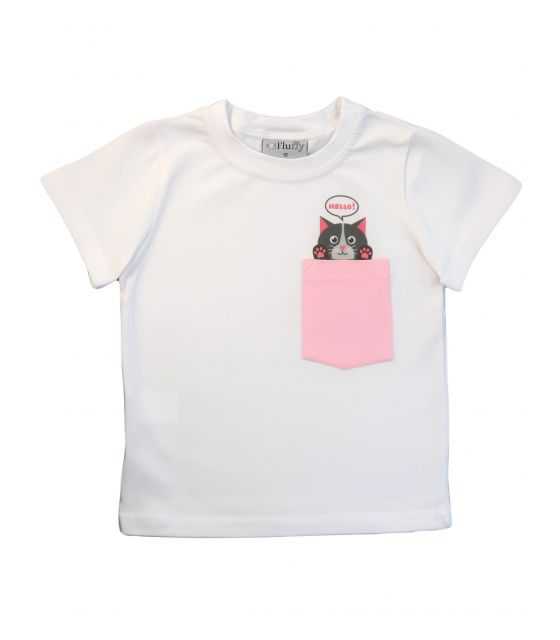 Biała koszulka dla dziewczynki, z różową kieszonką: Cat in pocket