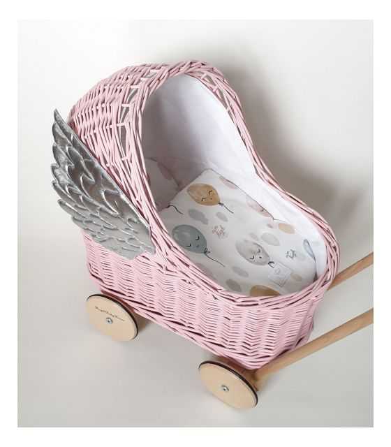 Wiklinowy różowy wózek dla lalek ze skrzydłami, pchacz+ pościel 