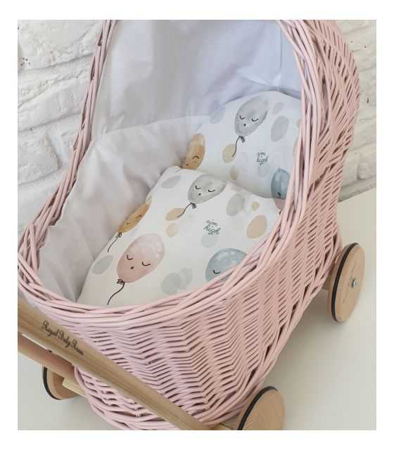 Wiklinowy różowy wózek dla lalek, pchacz + pościel 