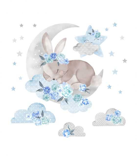 Naklejka śpiący królik niebieski