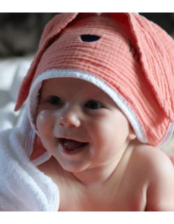 Hi Little One - Ręcznik z kapturem 100 x 100 SLEEPY BUNNY hooded bath towel Salmon