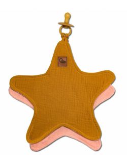 Hi Little One - Przytulanka dou dou z zawieszką z organicznej BIO bawełny cozy muslin pacifier keeper Star Mustard