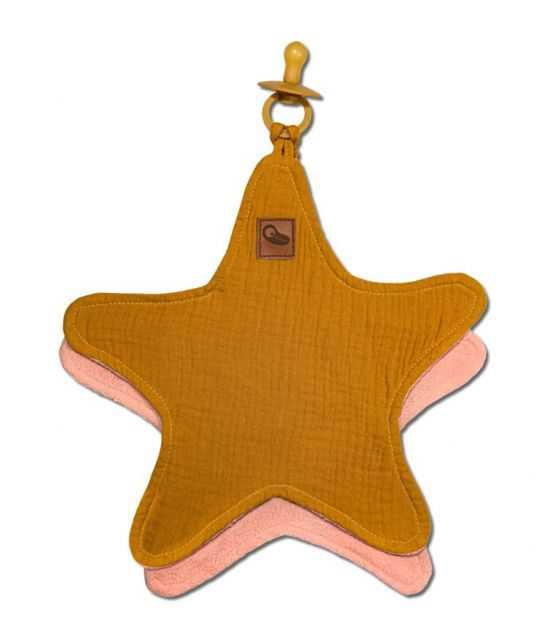 Hi Little One - Przytulanka dou dou z zawieszką z organicznej BIO bawełny cozy muslin pacifier keeper Star Mustard