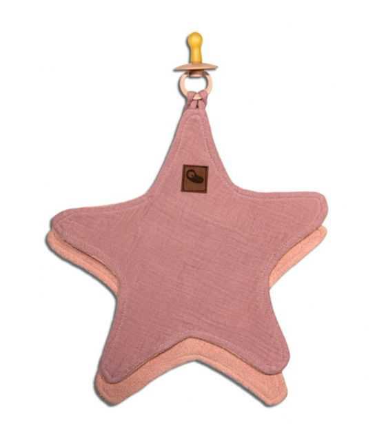 Hi Little One - Przytulanka dou dou z zawieszką z organicznej BIO bawełny cozy muslin pacifier keeper Star Blush