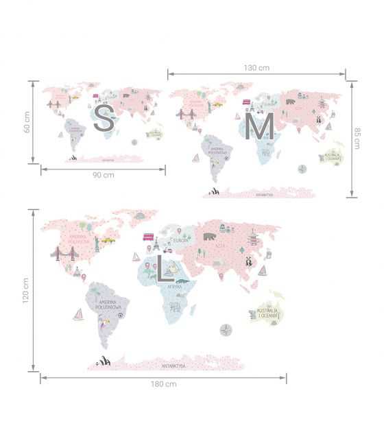 Naklejka MAPA świata - różowa L