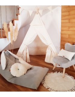 namiot tipi natura boho z falbaną i wentylem oraz z workiem zającem i fotelikiem