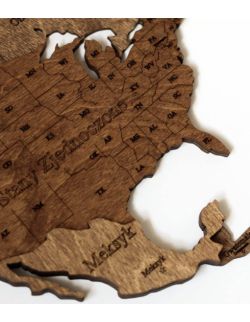 Drewniana Mapa Świata 3D Granice i nazwy państw stolic i stanów, język angielski, rozmiar S