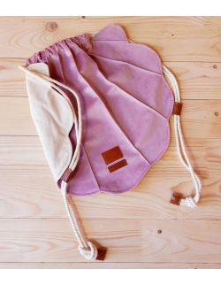 worek plecak muszla: różowy welur z surową tkaniną bawełnianą