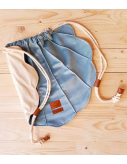 worek plecak muszla: niebieski welur z surową tkaniną bawełnianą