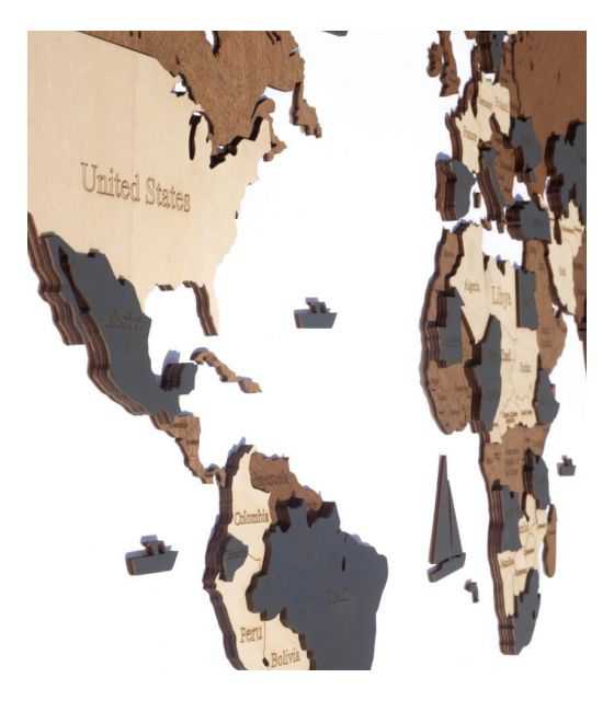 Drewniana Mapa Świata 3D Granice i nazwy państw, język angielski, rozmiar S