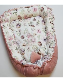 KOKON dwustronny Urodzinowe Myszki z Ultra Soft Velvet smoky róż pikowanyy caro