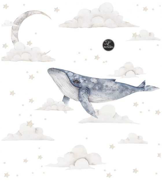 Wieloryb w chmurach, księżyc gwiazdy