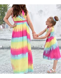 Lenie sukienki dla mamy i córki z wiązanymi ramiączkami - RAINBOW