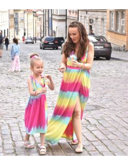 Lenie sukienki dla mamy i córki z wiązanymi ramiączkami  - RAINBOW