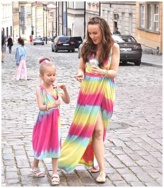Lenie sukienki dla mamy i córki z wiązanymi ramiączkami - RAINBOW