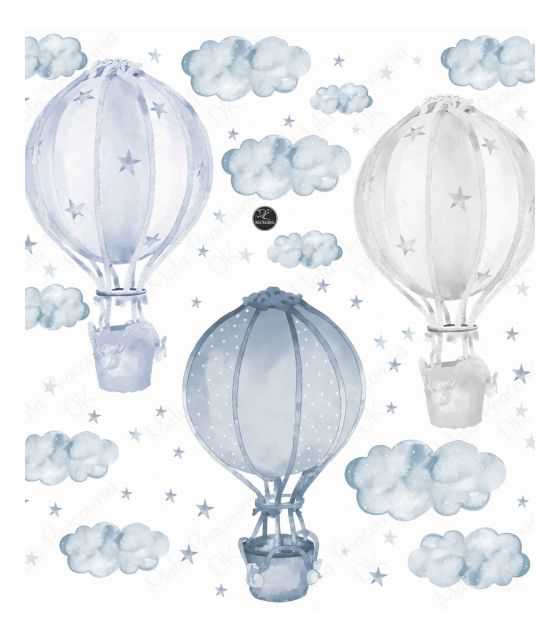 Balony niebieskie pastelowe, chmurki, gwiazdki