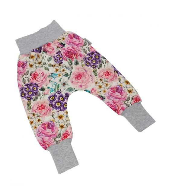 Spodnie dla niemowlaka kolorowe kwiaty z szarym