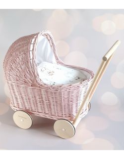 Wiklinowy różowy wózek dla lalek, pchacz + pościel 