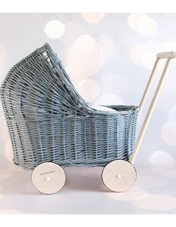 Wiklinowy siwy wózek dla lalek, pchacz + pościel 