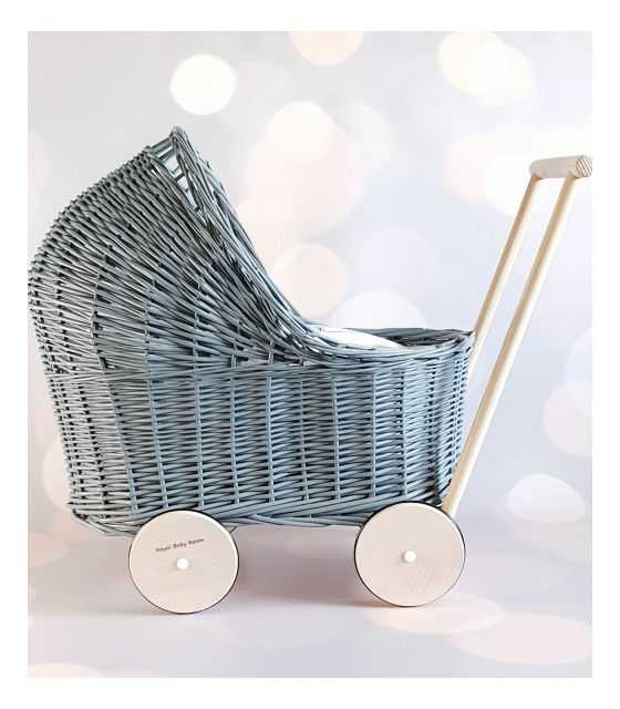 Wiklinowy siwy wózek dla lalek, pchacz + pościel 