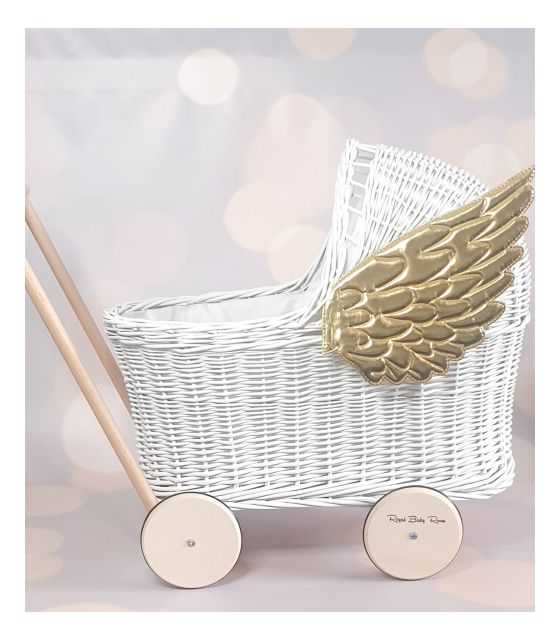 Wiklinowy biały Wózek dla lalek ze Złotymi Skrzydłami, pchacz+ pościel 