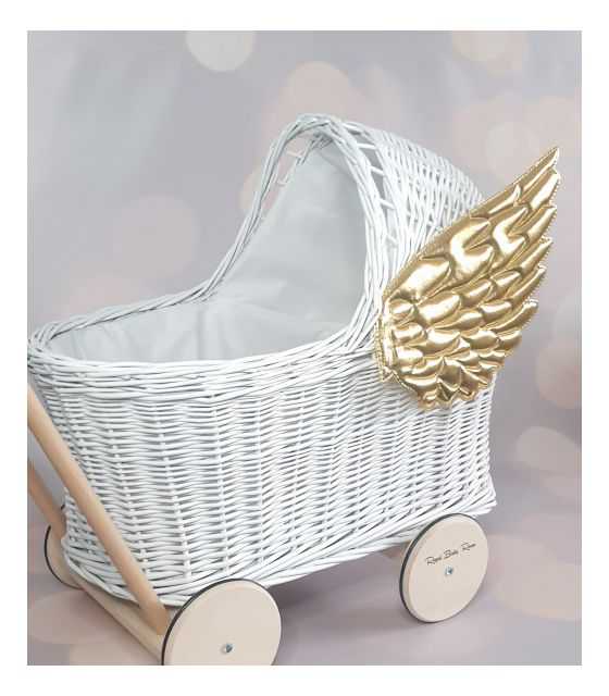 Wiklinowy biały Wózek dla lalek ze Złotymi Skrzydłami, pchacz+ pościel 