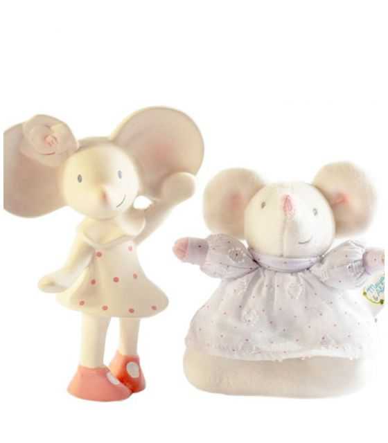 Meiya & Alvin - Zestaw prezentowy Baby Shower Set z miękką grzechotką i gryzakiem dźwiękowym z kauczuku Hevea Meiya Mouse