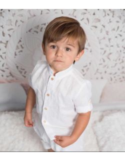 Biały komplet dla chłopca z lnu koszula - bermudy