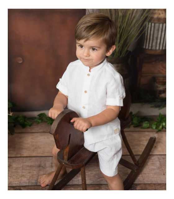 Biały lniany komplet dla chłopca koszula - bermudy