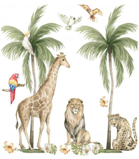 Savanna żyrafa, lew , palmy - zestaw naklejek ściennych