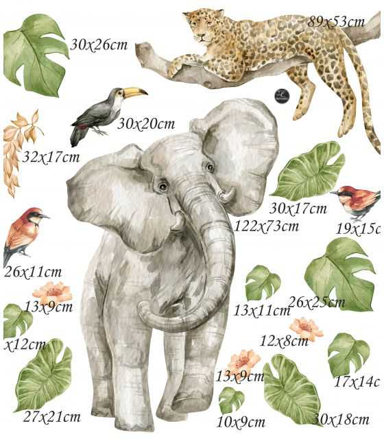 Lampart, słoń SAWANNA, Afryka liście - naklejki