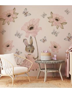  Pastelowy Króliczek z kwiatem - Naklejki Na Ścianę Dla Dzieci