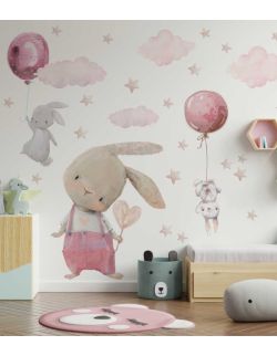 Różowe króliczki, balony - Naklejki Na Ścianę Dla Dzieci