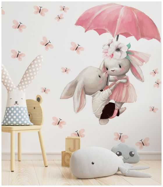 Króliczki Z Parasolką, Motylki - Naklejki Na Ścianę Dla Dzieci
