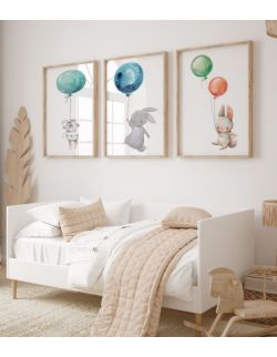 Zestaw 3 obrazki  plakaty króliczki z balonami