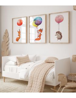 Zestaw 3 obrazki  plakaty lis jeż wiewiórka balony