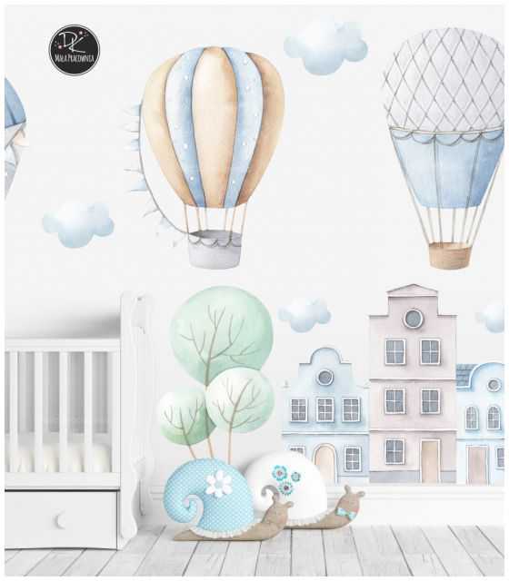 pastelowe balony, chmurki - akwarela - naklejka dla dzieci