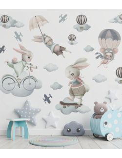 Pastelowe Króliczki Na Chmurkach - Naklejki Na Ścianę Dla Dzieci