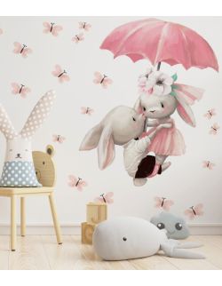 Króliczki Z Parasolką, Motylki - Naklejki Na Ścianę Dla Dzieci