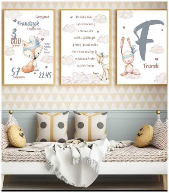 zestaw 3 plakaty zwierzęta leśne - lis, zajączek,sarna