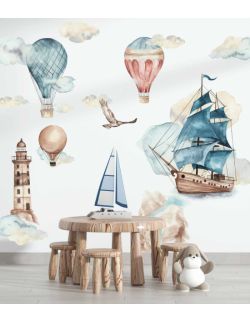 Latarnia morska, statek, balony - Naklejka na ścianę, naklejka ścienna