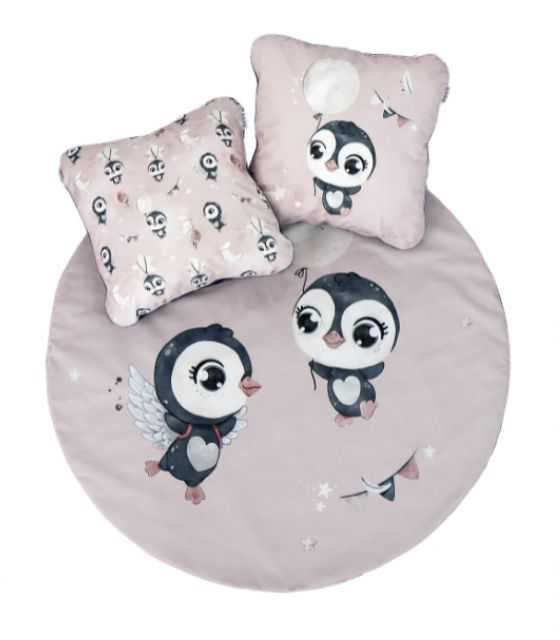 Pingwinki Róż Welurowa mata do zabawy oraz dwie poduszki