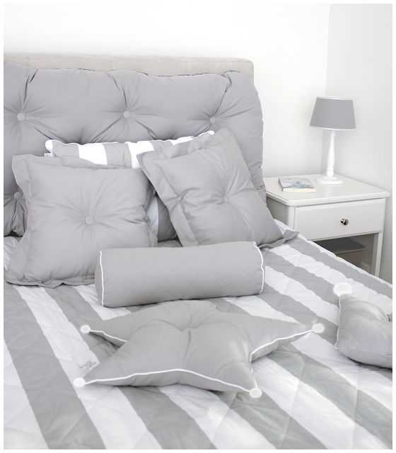Poduszka na łóżko pikowana guzikami z falbankami szara