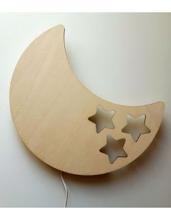Drewniana lampka nocna - księżyc BOB + gwiazdki
