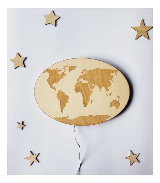 Drewniana lampka nocna - Mapa Świata